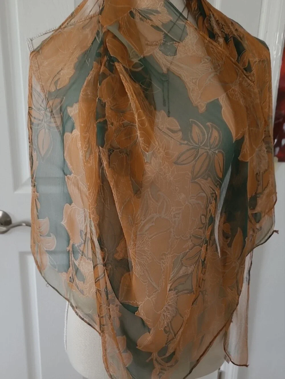 100% Silk Lightweight Floral Sheer Scarf - Brown & Green